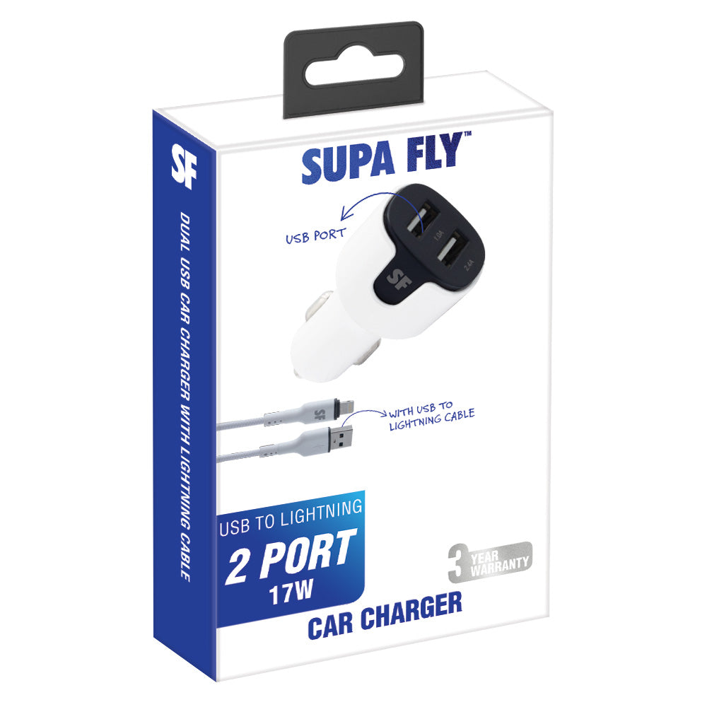 17W DUAL USB A Car Charger with USB A to Lightning Cable