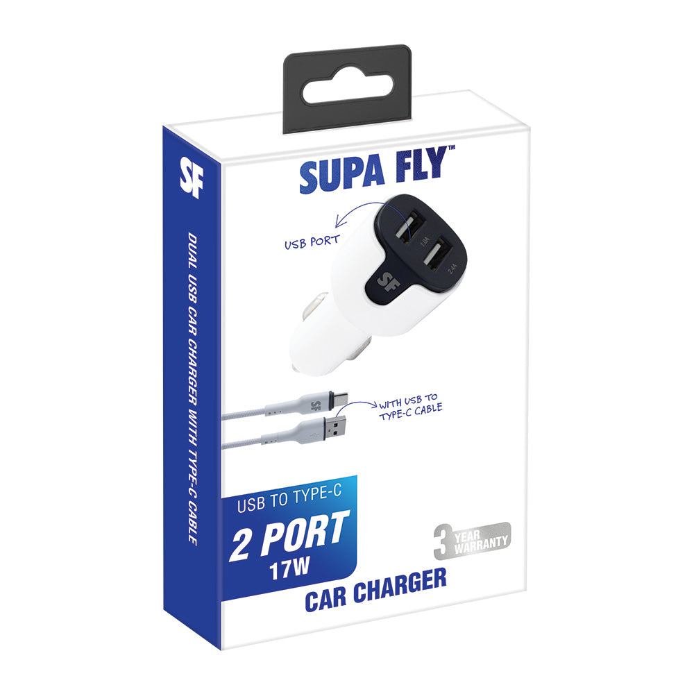 17W DUAL USB A Car Charger with USB A to Type-C Cable