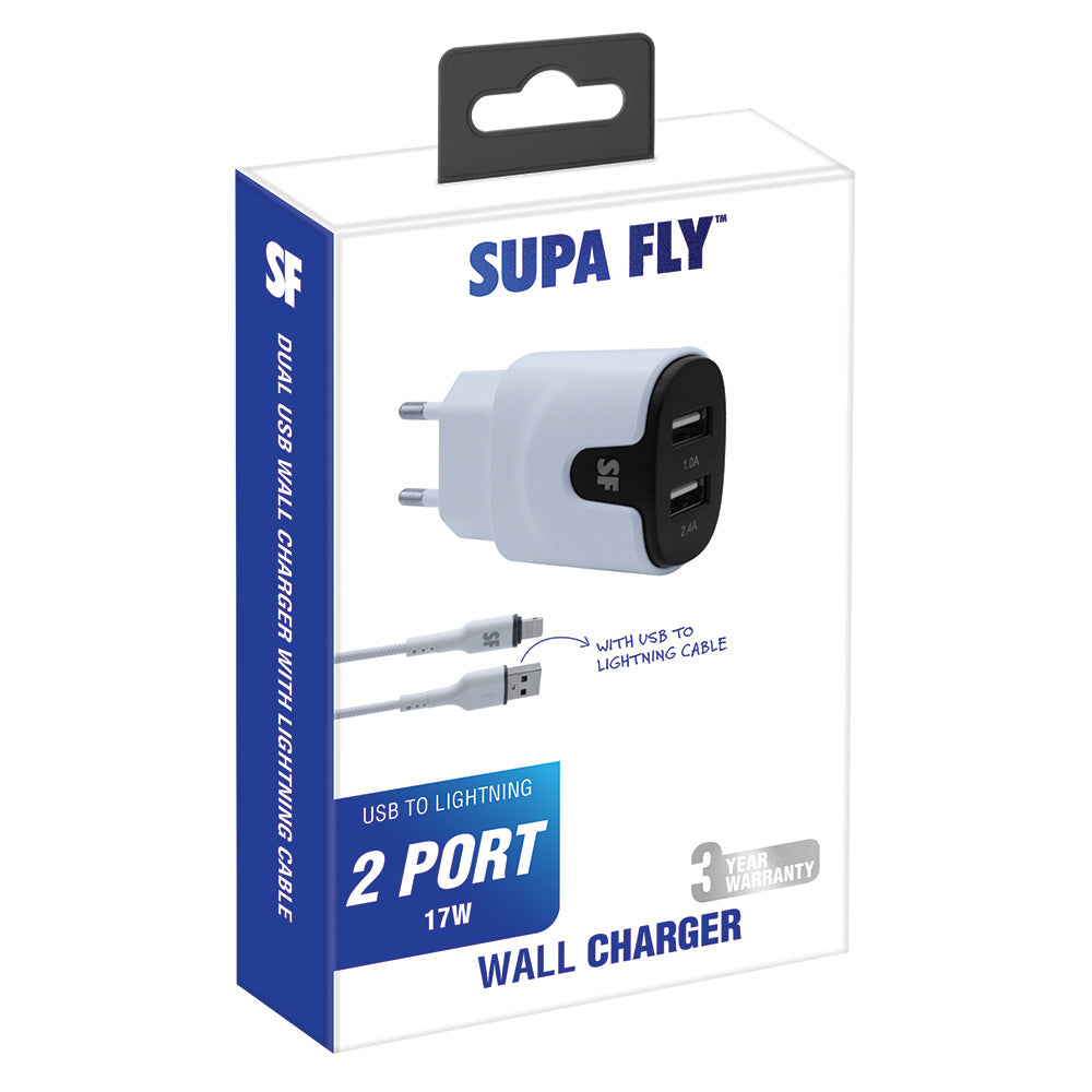 17W DUAL USB A Wall Charger with USB A to Lightning Cable