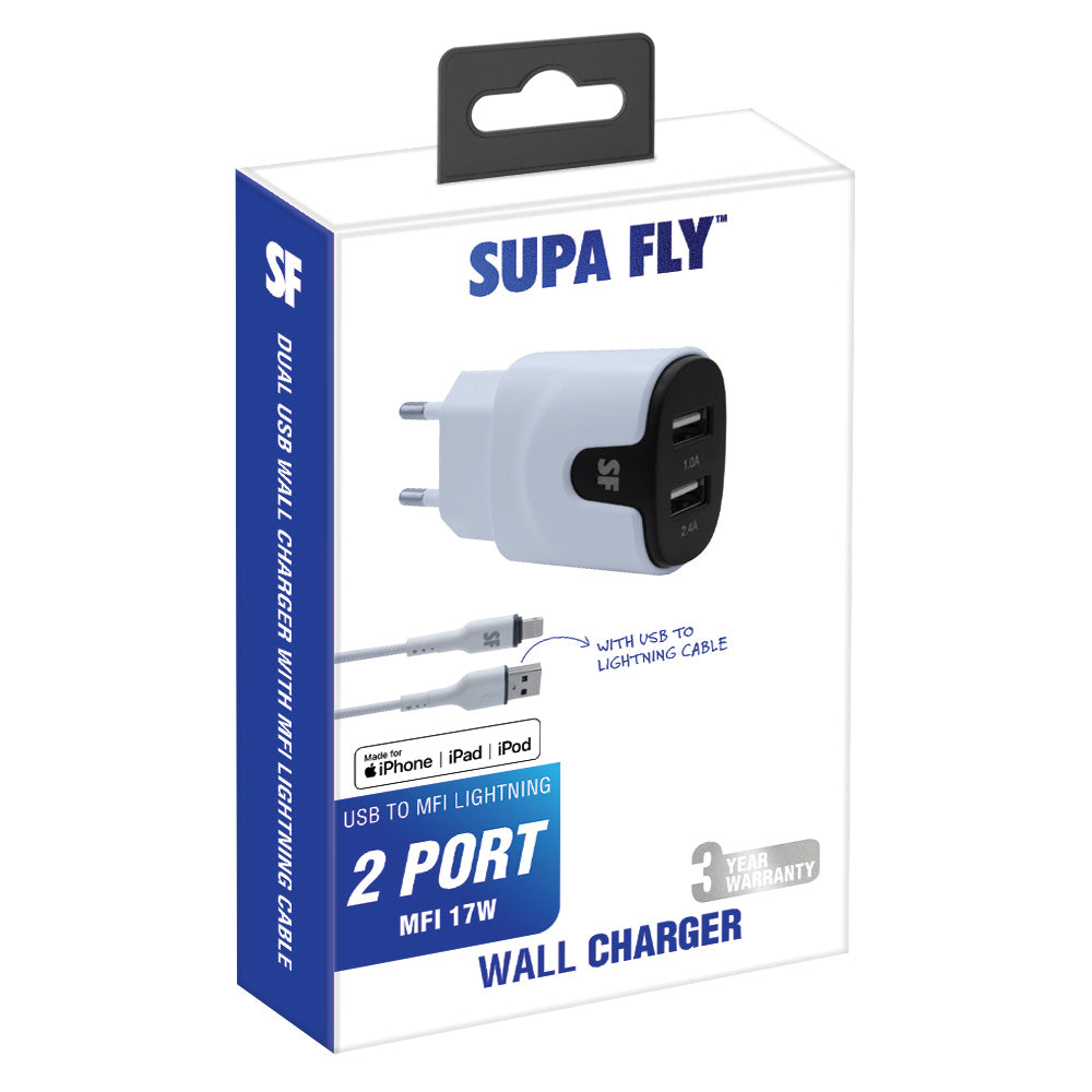 17W DUAL USB A Wall Charger with USB A to MFI Lightning Cable