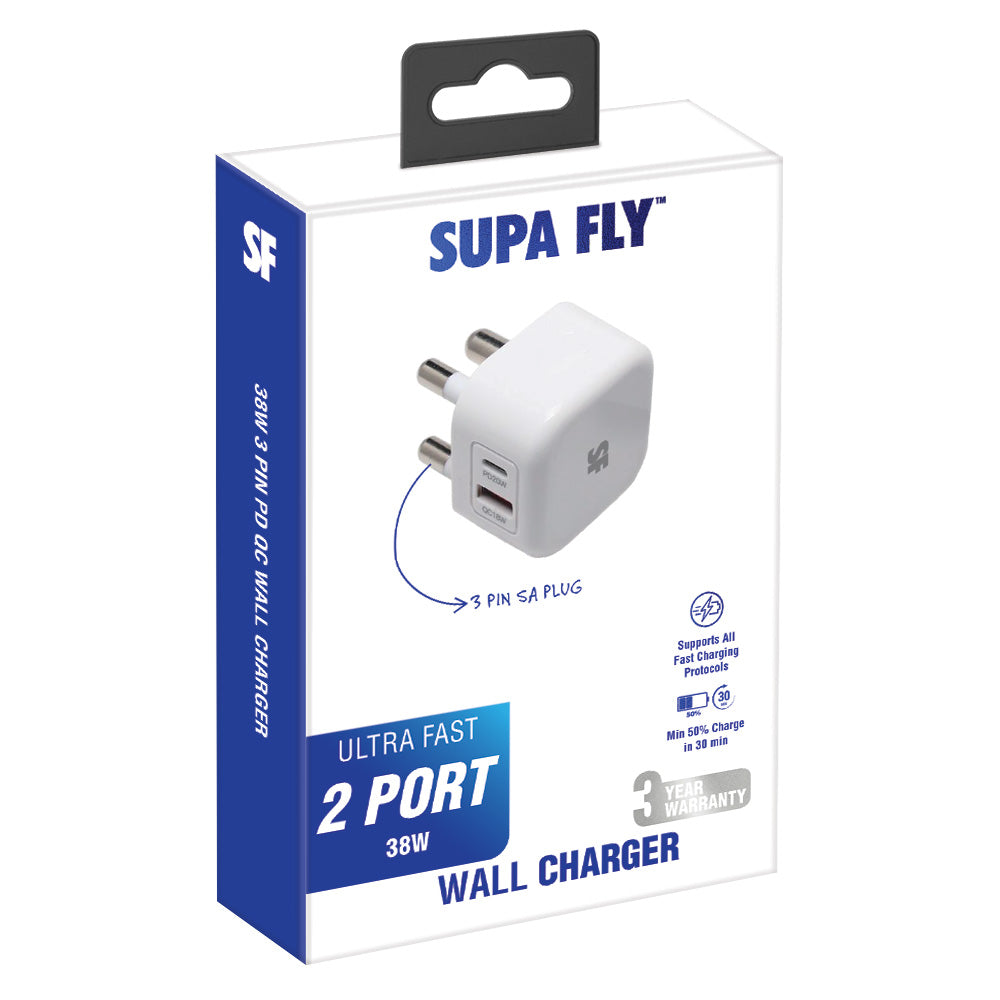 38 W Dual PD QC USB A &amp; Type-C 3 Pin Wall Charger