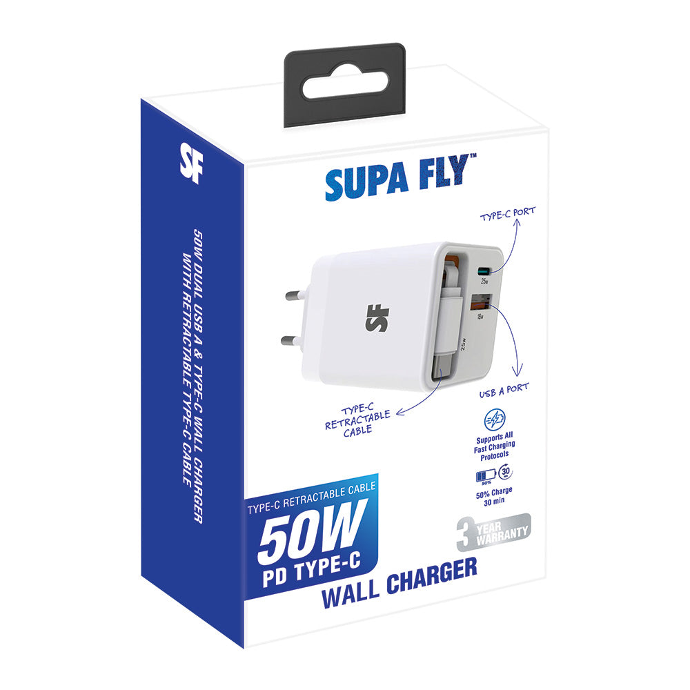 50W Dual USB A &amp; Type-C Wall Charger with Retractable Type-C Cable