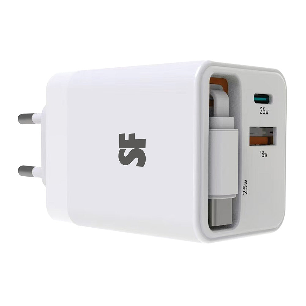 50W Dual USB A &amp; Type-C Wall Charger with Retractable Type-C Cable
