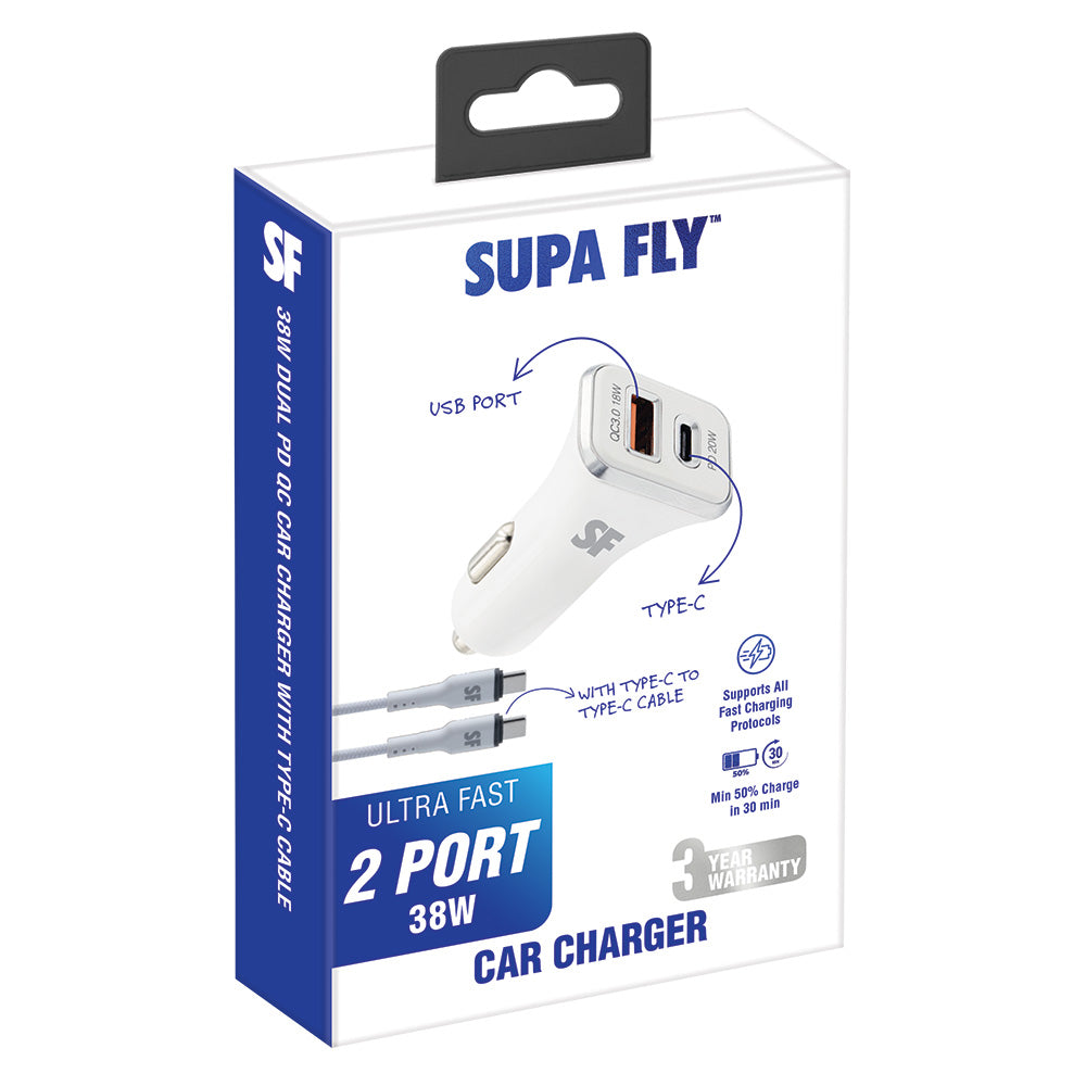 38W Dual PD QC USB A &amp; Type-C Car Charger with Type-C to Type-C Cable