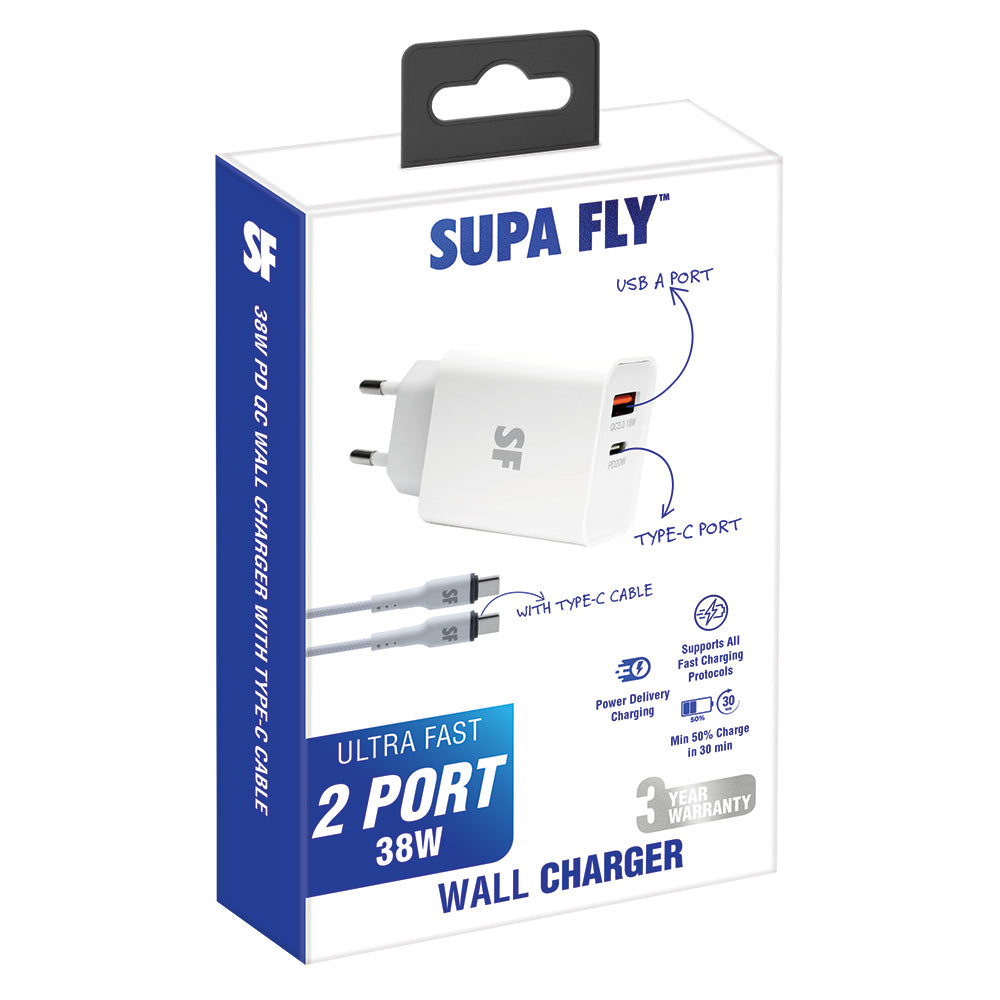 38W Dual PD QC Wall Charger with Type-C to Type-C Cable