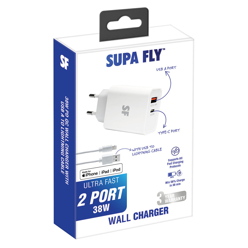 38W Dual PD QC Wall Charger with MFI USB-A to Lightning Cable